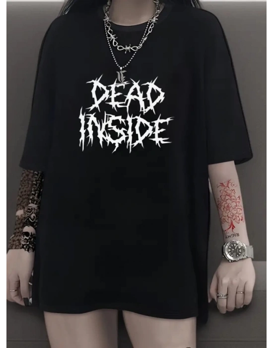 Baskılı Oversize Bisiklet Yaka Tshirt  iyah