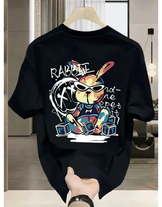 Baskılı Oversize Bisiklet Yaka Tshirt  iyah