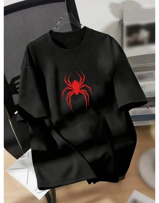 Baskılı Oversize Bisiklet Yaka Tshirt  iyah