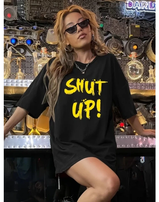 Baskılı Oversize Bisiklet Yaka Tshirt  iyah