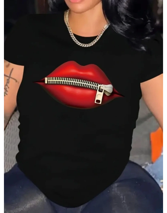 Baskılı Oversize Bisiklet Yaka Tshirt  iyah