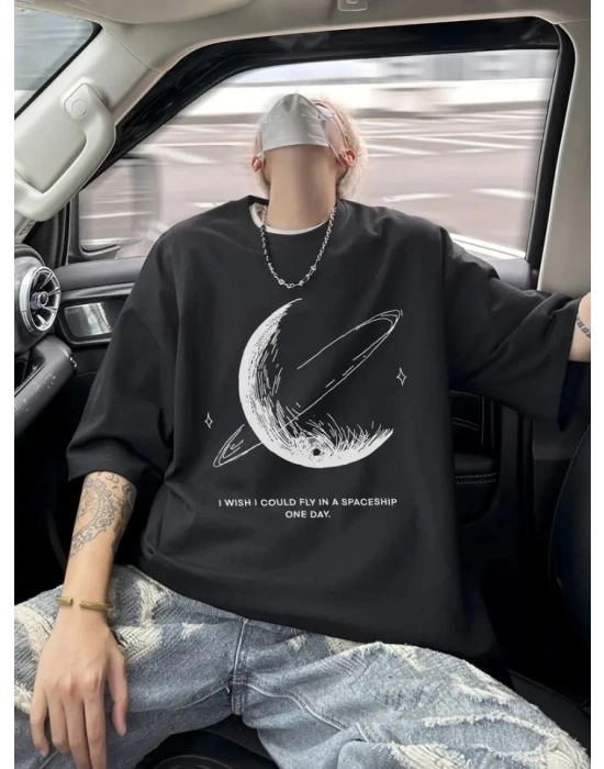 Baskılı Oversize Bisiklet Yaka Tshirt  iyah