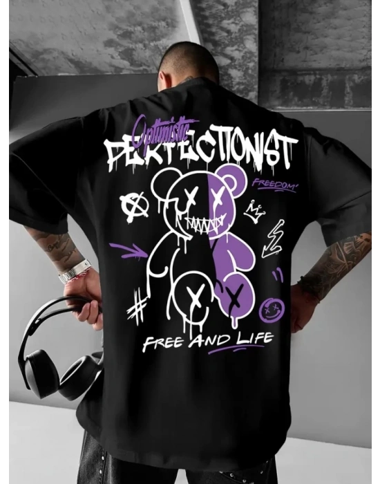 Baskılı Oversize Bisiklet Yaka Tshirt  iyah