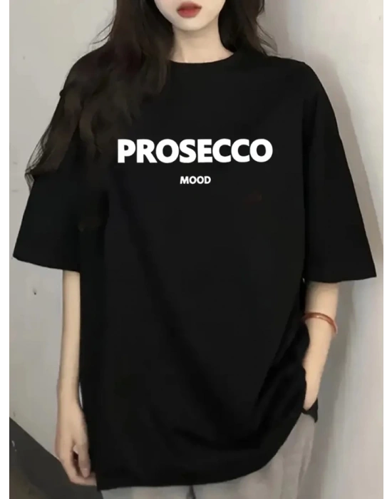 Baskılı Oversize Bisiklet Yaka Tshirt  iyah