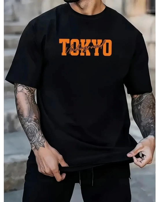 Baskılı Oversize Bisiklet Yaka Tshirt  iyah