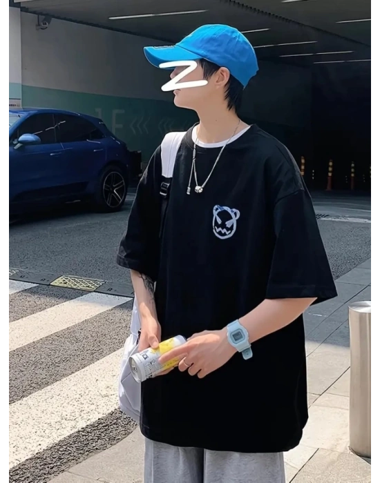 Baskılı Oversize Bisiklet Yaka Tshirt  iyah