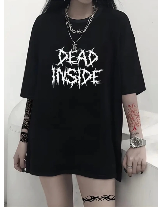 Baskılı Oversize Bisiklet Yaka Tshirt  iyah