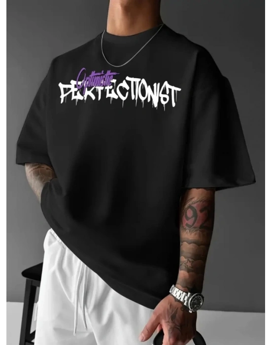 Baskılı Oversize Bisiklet Yaka Tshirt  iyah