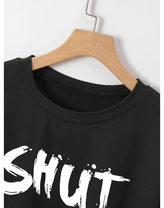 Baskılı Oversize Bisiklet Yaka Tshirt  iyah