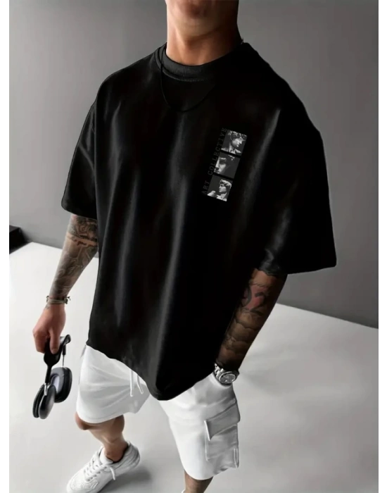 Baskılı Oversize Bisiklet Yaka Tshirt  iyah