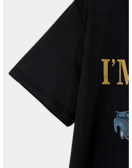 Baskılı Oversize Bisiklet Yaka Tshirt  iyah