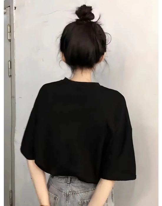 Baskılı Oversize Bisiklet Yaka Tshirt  iyah