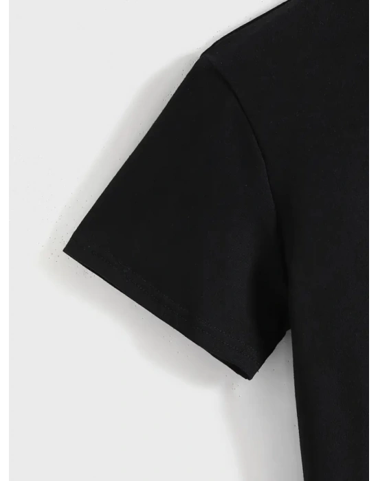 Baskılı Oversize Bisiklet Yaka Tshirt  iyah