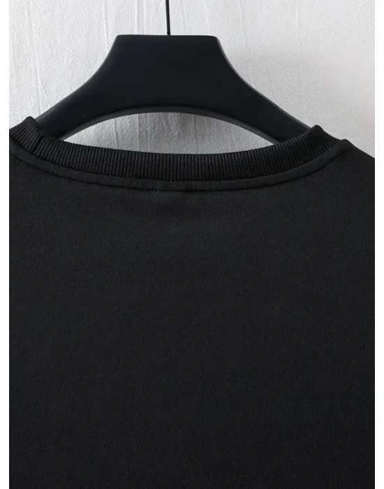 Baskılı Oversize Bisiklet Yaka Tshirt  iyah