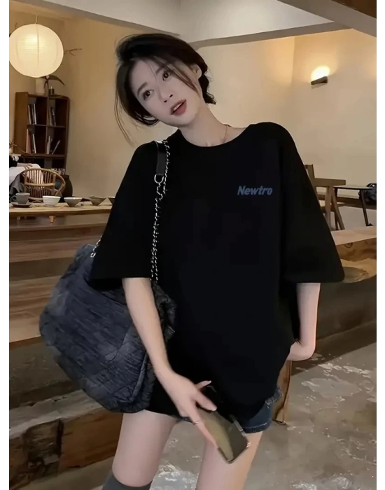 Baskılı Oversize Bisiklet Yaka Tshirt  iyah