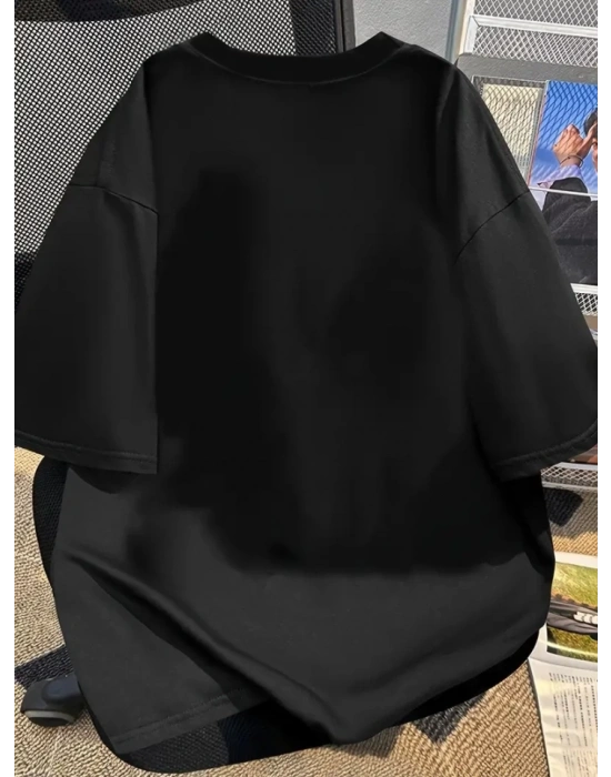 Baskılı Oversize Bisiklet Yaka Tshirt  iyah