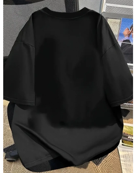 Baskılı Oversize Bisiklet Yaka Tshirt  iyah