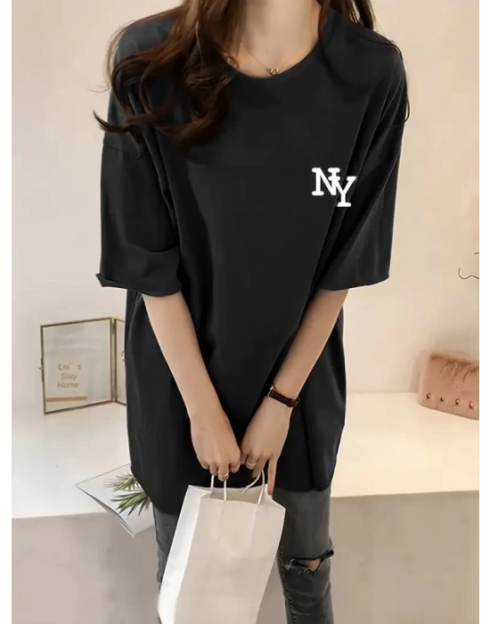 Baskılı Oversize Bisiklet Yaka Tshirt  iyah