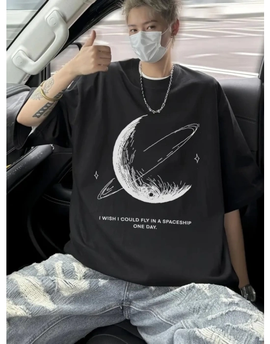 Baskılı Oversize Bisiklet Yaka Tshirt  iyah