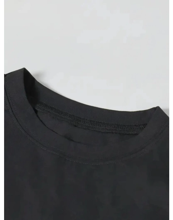 Baskılı Oversize Bisiklet Yaka Tshirt  iyah