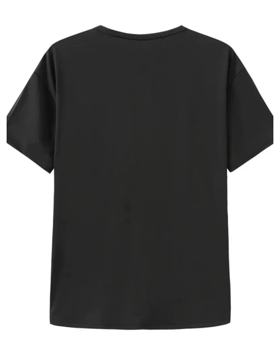 Baskılı Oversize Bisiklet Yaka Tshirt  iyah