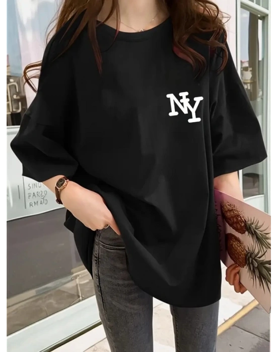 Baskılı Oversize Bisiklet Yaka Tshirt  iyah