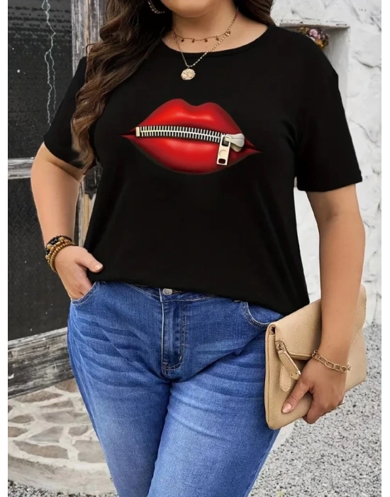 Baskılı Oversize Bisiklet Yaka Tshirt  iyah