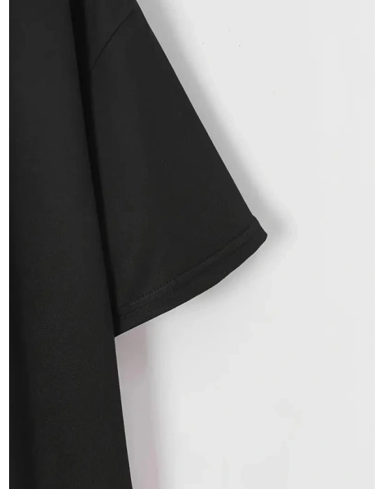 Baskılı Oversize Bisiklet Yaka Tshirt  iyah