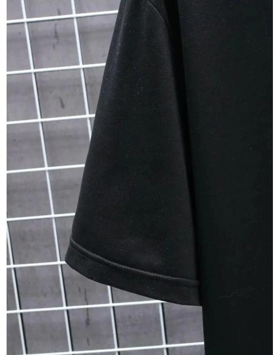 Baskılı Oversize Bisiklet Yaka Tshirt  iyah