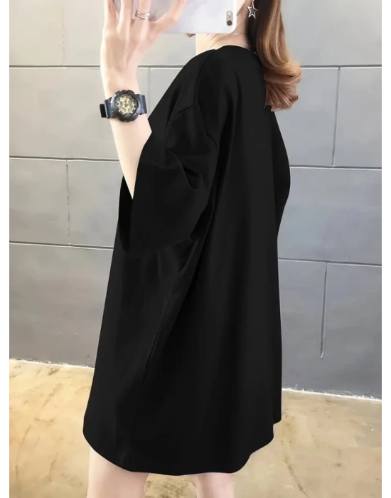 Baskılı Oversize Bisiklet Yaka Tshirt  iyah