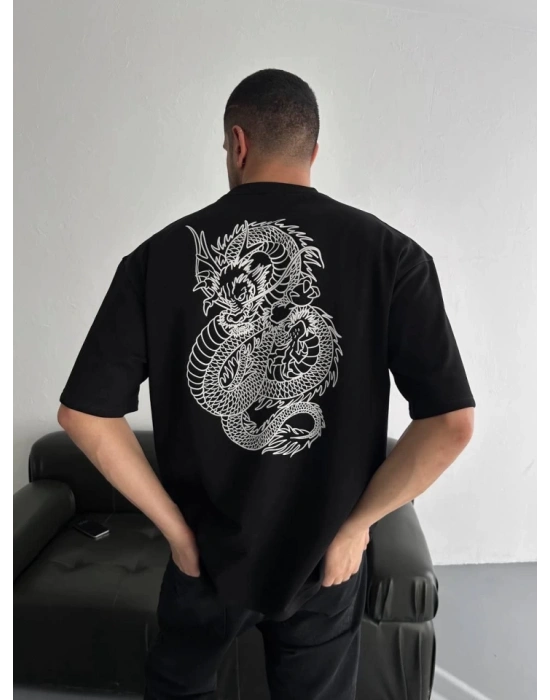 Baskılı Oversize Bisiklet Yaka Tshirt  iyah