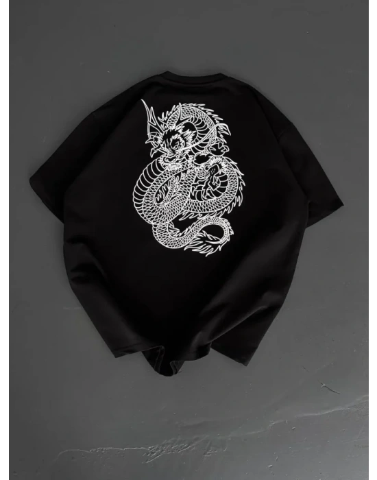 Baskılı Oversize Bisiklet Yaka Tshirt  iyah