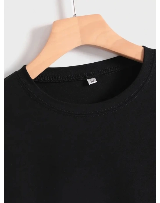 Baskılı Oversize Bisiklet Yaka Tshirt  iyah