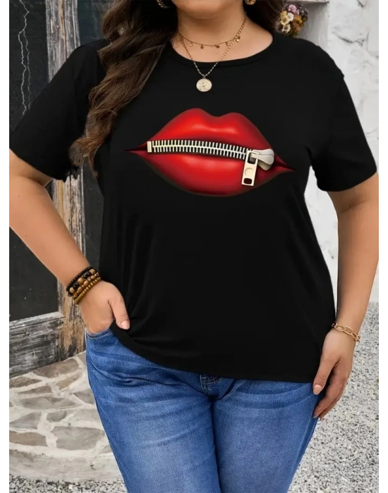 Baskılı Oversize Bisiklet Yaka Tshirt  iyah