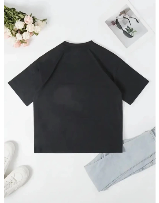 Baskılı Oversize Bisiklet Yaka Tshirt  iyah