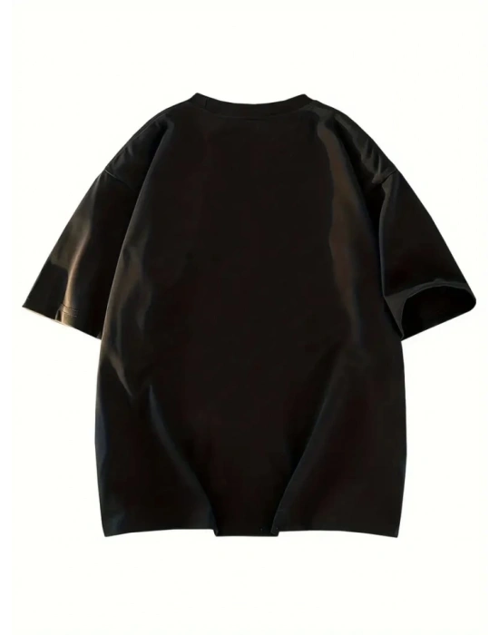 Baskılı Oversize Bisiklet Yaka Tshirt  iyah