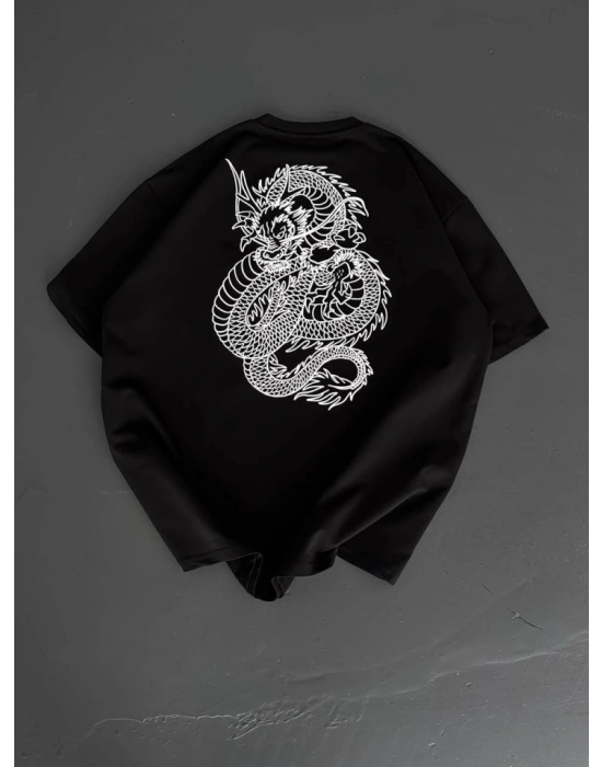 Baskılı Oversize Bisiklet Yaka Tshirt  iyah