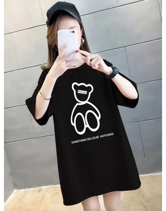 Baskılı Oversize Bisiklet Yaka Tshirt  iyah