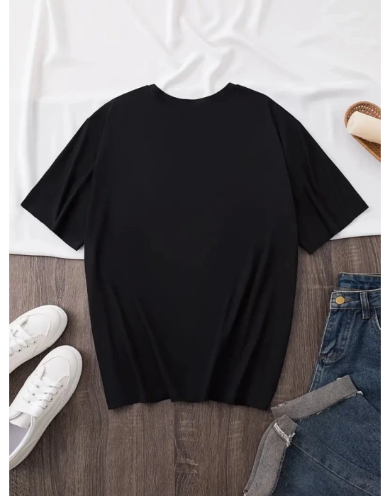 Baskılı Oversize Bisiklet Yaka Tshirt  iyah