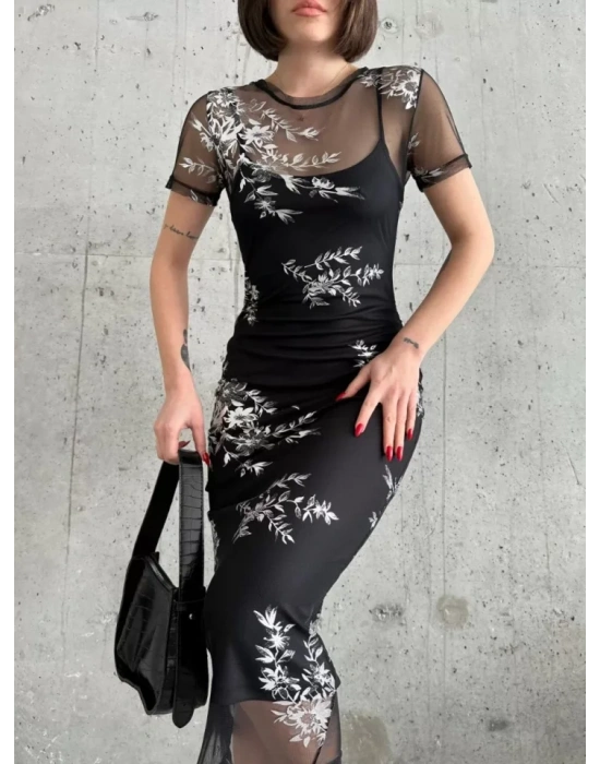 Baskılı Şifon Kimono Elbise  iyah