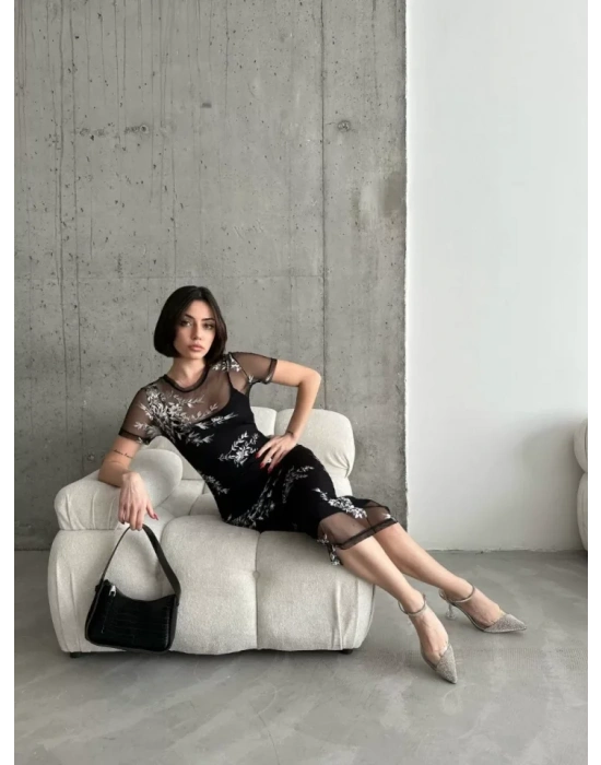 Baskılı Şifon Kimono Elbise  iyah