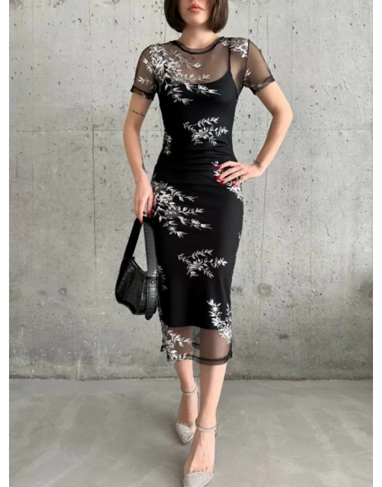 Baskılı Şifon Kimono Elbise  iyah