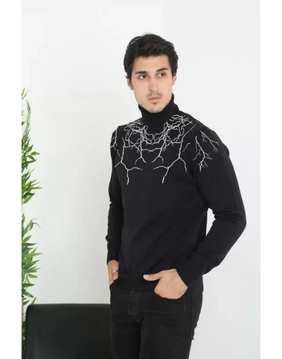 Baskılı Tam Boğaazlı Uzun Kol Dokuma Triko  Siyah