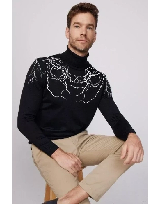 Baskılı Tam Boğaazlı Uzun Kol Dokuma Triko  Siyah