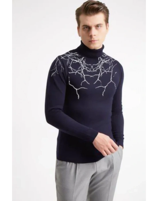 Baskılı Tam Boğazlı Uzun Kol Dokuma Triko  acivert