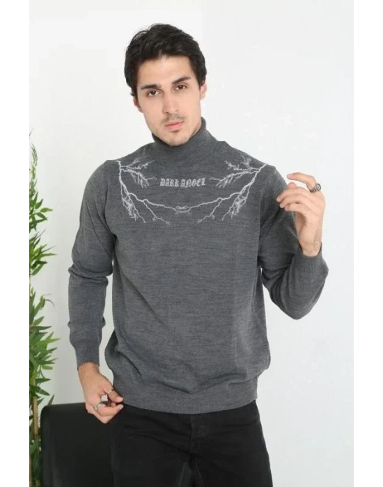 Baskılı Tam Boğazlı Uzun Kol Dokuma Triko  Antrasit