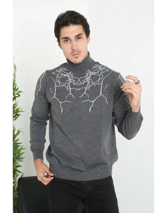 Baskılı Tam Boğazlı Uzun Kol Dokuma Triko  Antrasit