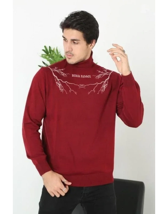 Baskılı Tam Boğazlı Uzun Kol Dokuma Triko  Bordo