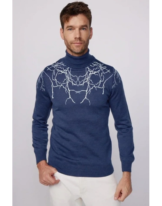 Baskılı Tam Boğazlı Uzun Kol Dokuma Triko  Indigo