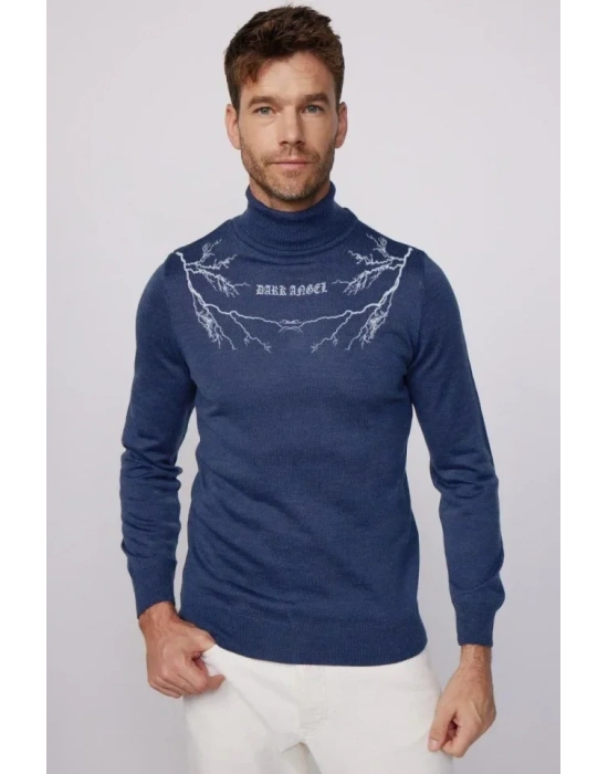 Baskılı Tam Boğazlı Uzun Kol Dokuma Triko  Indigo